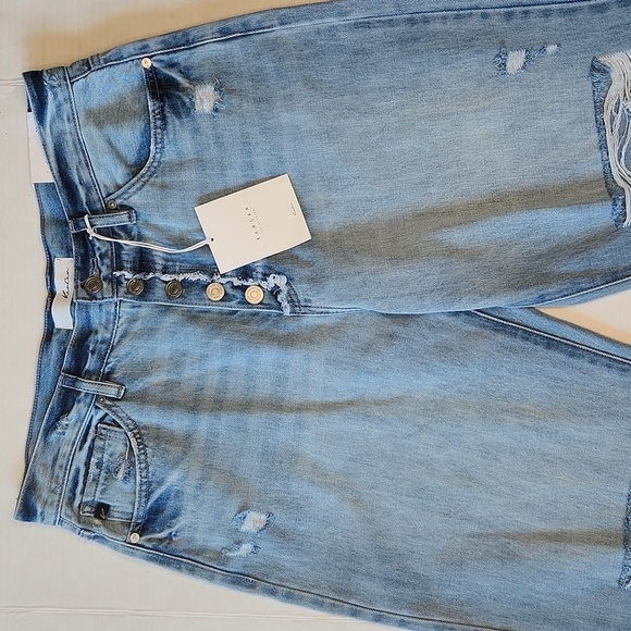 KanCan Jeans Ultra high rise 90S FLARE Light Wash Distressed Button Fly Wide Leg - Picture 3 of 16